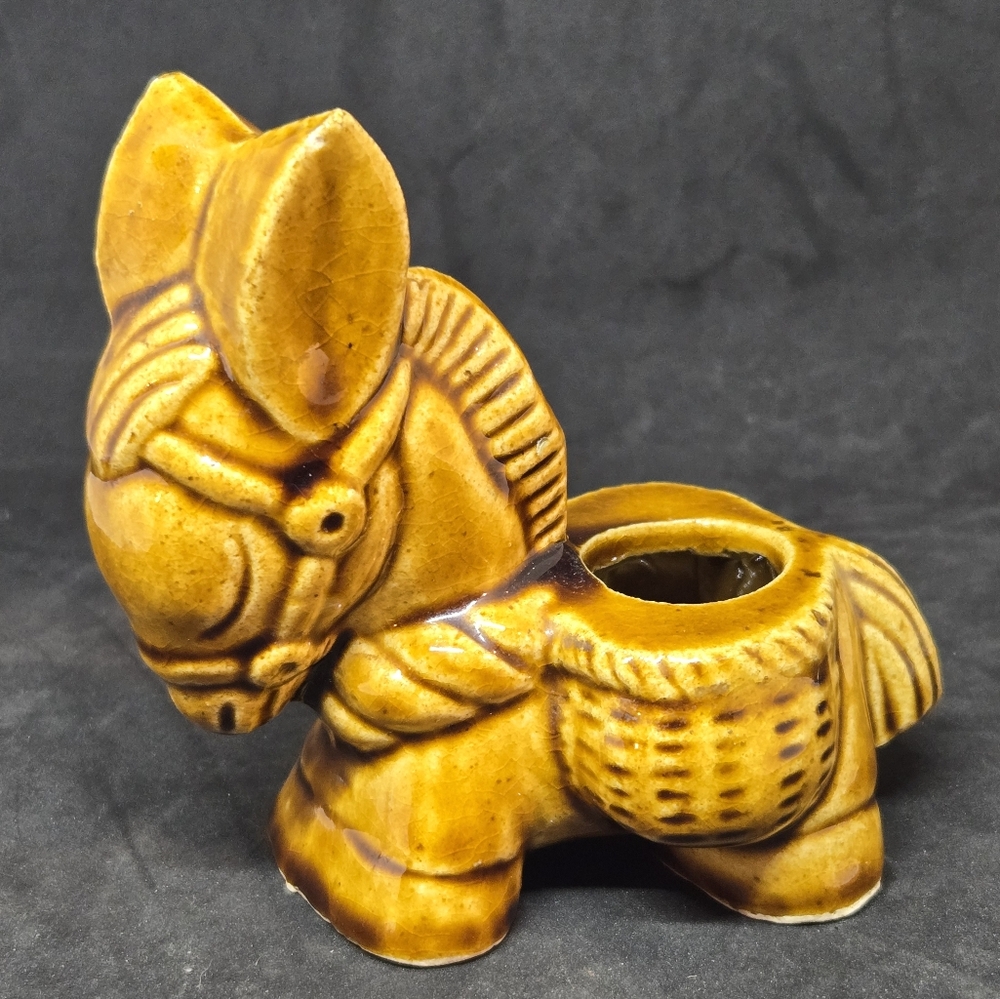 Vintage Glazed Ceramic Brown Donkey Horse Toothpick Holder